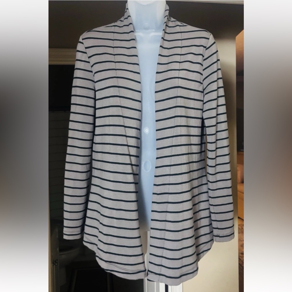 Soma Size S Open Front Cardigan Gray Black Striped Lounge Comfy Soft Modal Warm